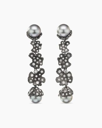 Petals and Pearl Drop Earrings|White Gold with Rhodiated Black and Diamonds