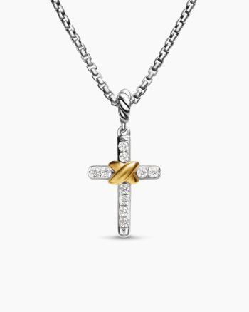 Petite Cross Necklace|Sterling Silver with 18K Yellow Gold with Diamonds, 20.8mm