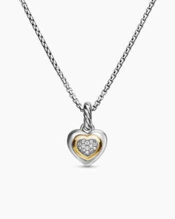 Petite Cable Heart Pendant Necklace|Sterling Silver with 14K Yellow Gold and Diamonds, 17.1mm
