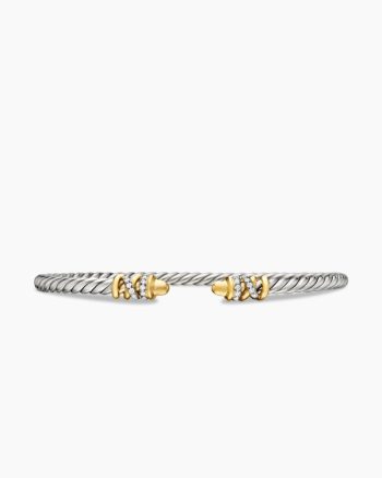Petite Helena Classic Cable Bracelet|Sterling Silver with 18K Yellow Gold, Gold Domes and Diamonds, 3mm