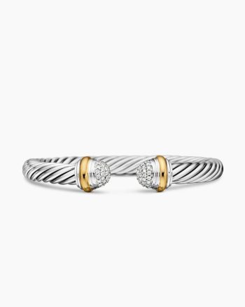 Classic Cable Bracelet|Sterling Silver with 18K Yellow Gold and Pavé Diamond Domes, 7mm