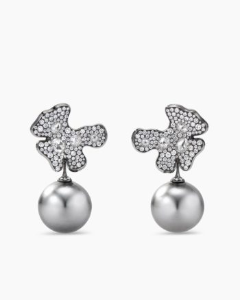 Petals and Pearl Drop Earrings|White Gold with Rhodiated Black and Diamonds