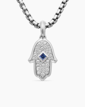 Hamsa Amulet|18K White Gold with Pavé Diamonds and Blue Sapphire, 24.6mm