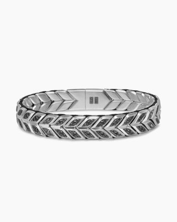 Chevron Woven Bracelet|Sterling Silver with Black Diamonds and Black Nylon, 12mm