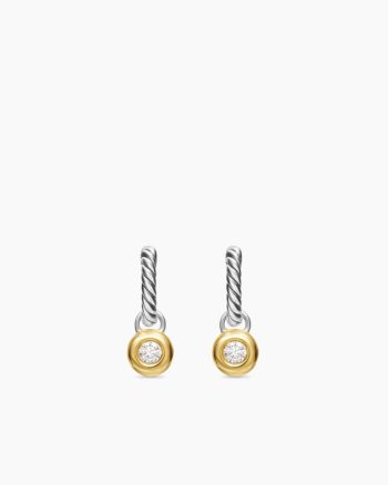 Petite Cable Huggie Drop Earrings|Sterling Silver with 14K Yellow Gold and Diamonds, 17.5mm
