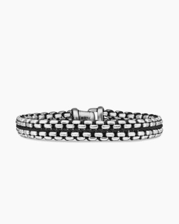 Woven Box Chain Bracelet|Sterling Silver with Black Nylon, 12mm