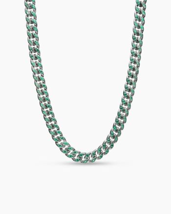 Curb Chain Necklace|18K White Gold with Emeralds, 11.5mm