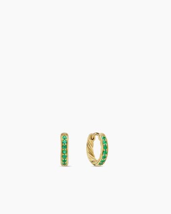Petite Pavé Huggie Hoop Earrings|18K Yellow Gold with Emeralds, 12mm