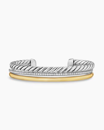 DY Mercer® Three Row Cuff Bracelet|Sterling Silver with 18K Yellow Gold and Diamonds, 10.4mm
