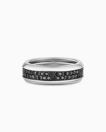 Beveled Two Row Band Ring|18K White Gold with Black Diamonds, 8mm